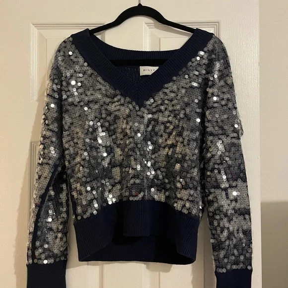 Milly Navy Sequin Ilaria V-Neck Sweater